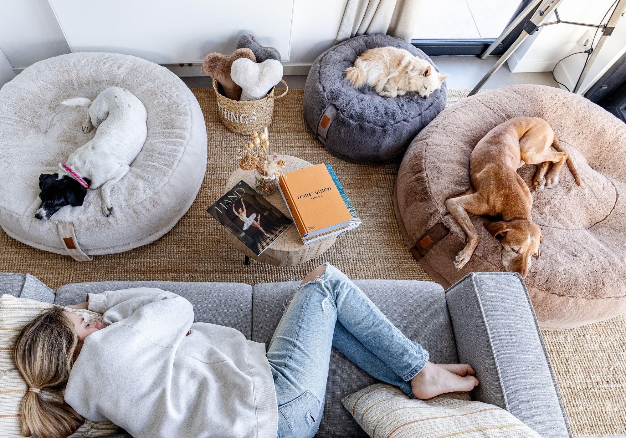 Drei Hunde schlafen auf dem Hyggebed in den Farben Ivory, Stone und Maroon. 
